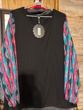 Black Top with Pink & Teal Aztec-Print Long Sleeves - Women's Blouse